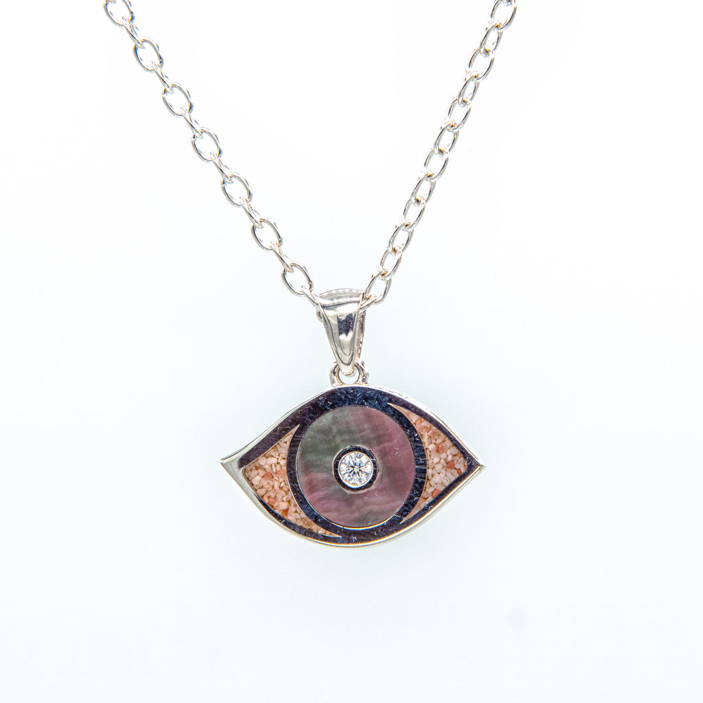 Silver evil eye cubic zirconia black mother of pearl pendant on cable chain - TN547BKMOP
