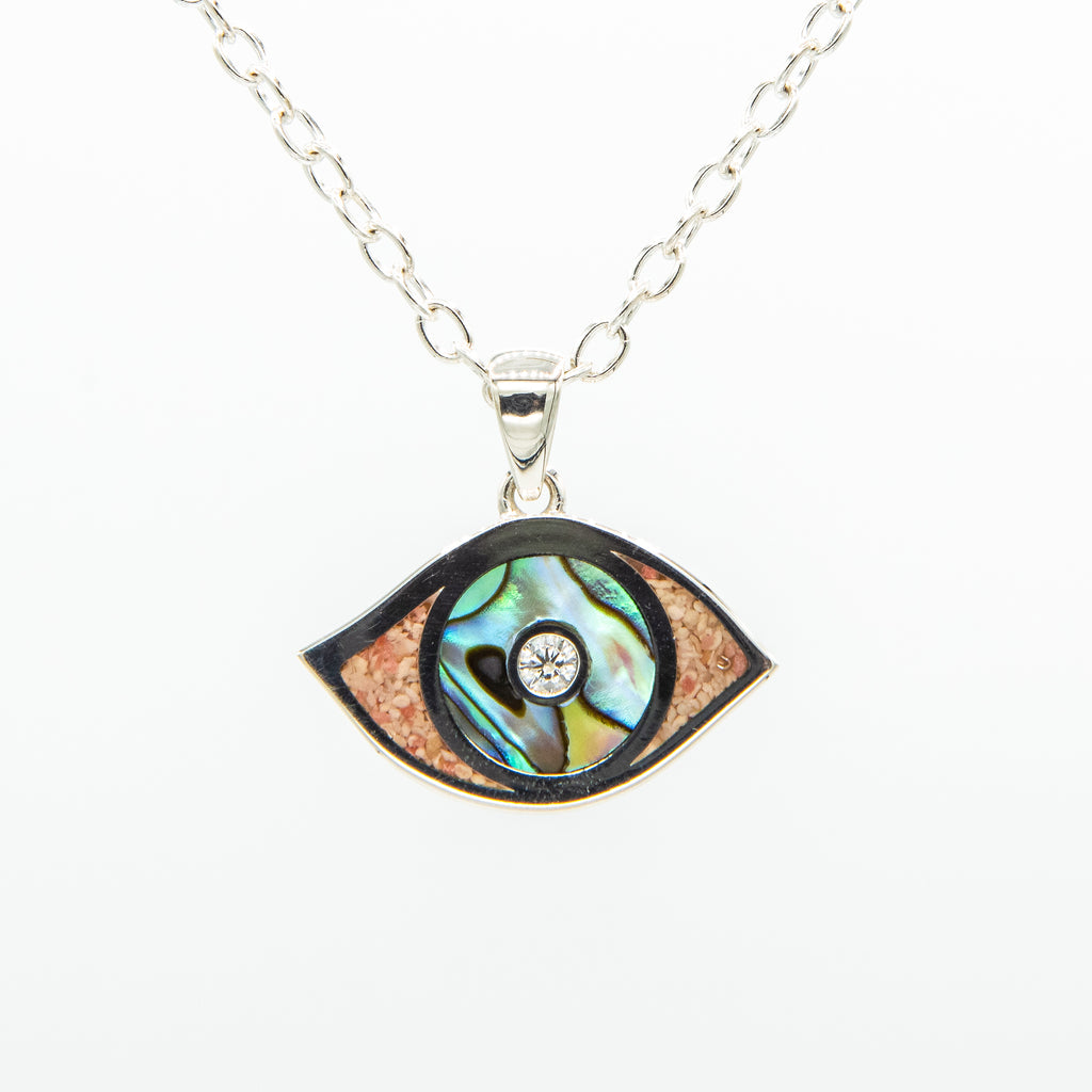 Silver evil eye cubic zirconia abalone pendant on cable chain - TN547ABALN